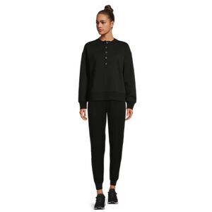 Time and Tru Women Fleece Henley Pullover Sweatshirt Long Sleeves Black Size L